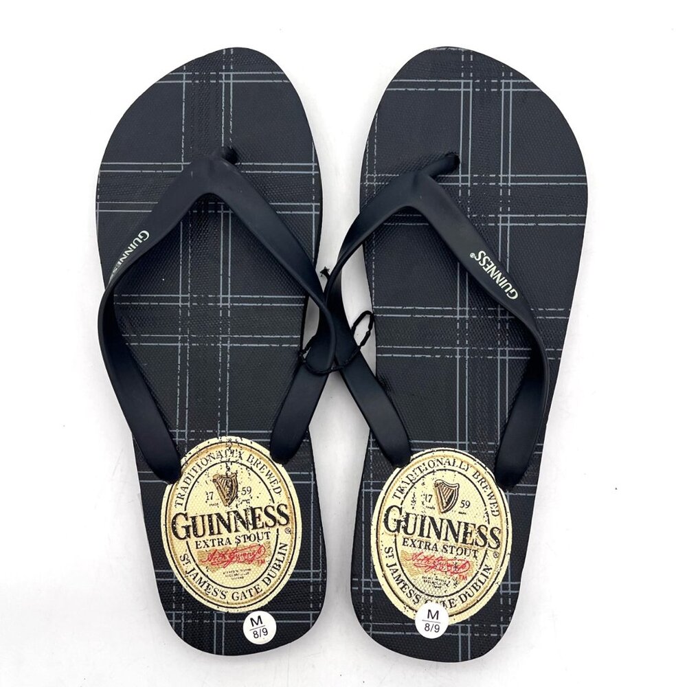 Guinness Flip Flops Black Plaid Pattern Men Size M 8/9 Rubber Casual Sandals - Picture 2 of 10